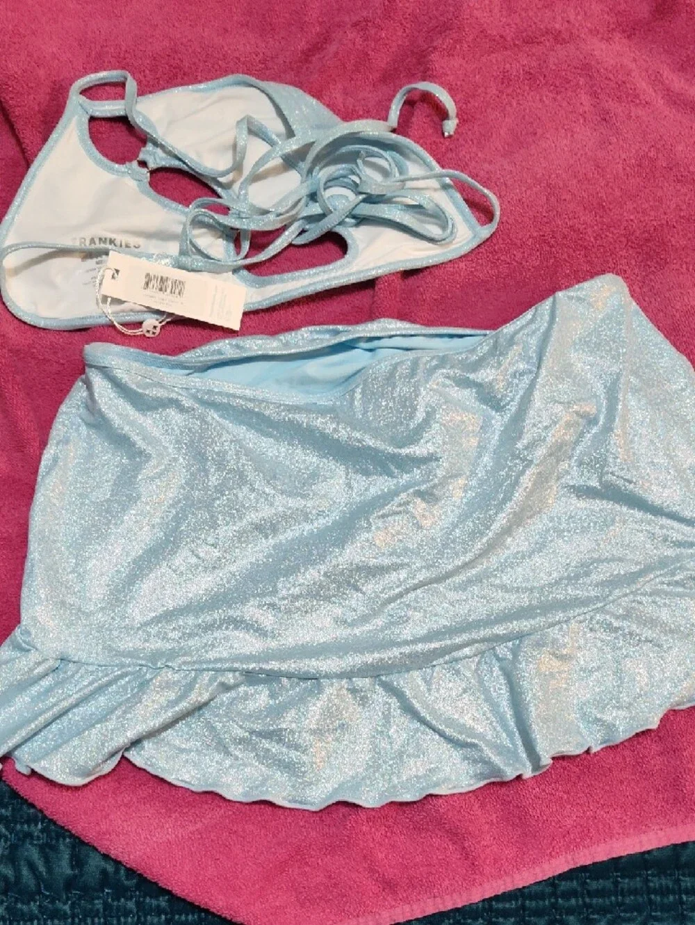 Frankie's Bikinis Light Blue Shimmer Top And Skirt
